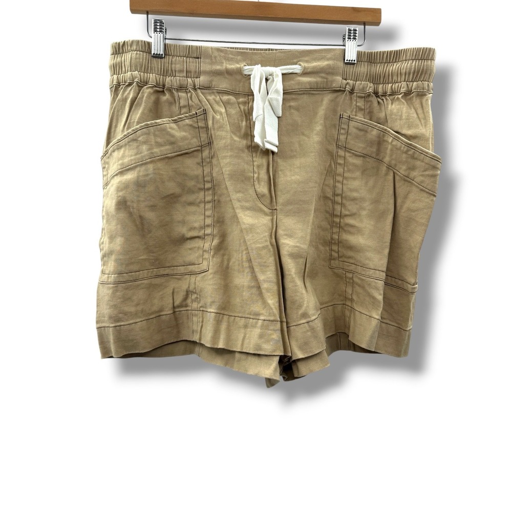 Anthroplogie Maeve Linen Blend Utility Shorts Tan Elastic Waist Casual Pockets L